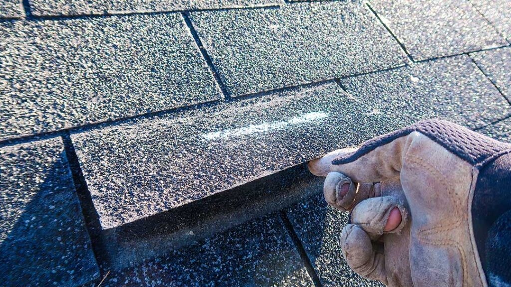 Homeowner reviews roof warranty papers beside a table with roof photos and maintenance records.