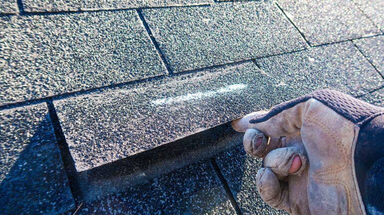 Homeowner reviews roof warranty papers beside a table with roof photos and maintenance records.