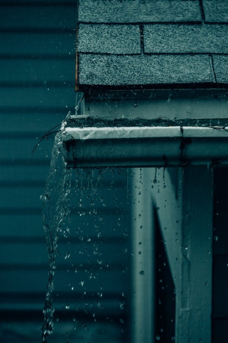 Rainwater flows from a shingled roof into clean gutters and through a downspout away from the house.